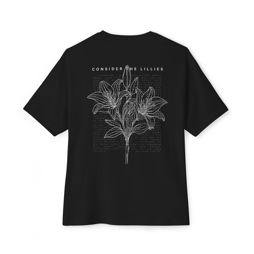 Consider the Lilies Floral Tee — Oversized Boxy Black T-Shirt