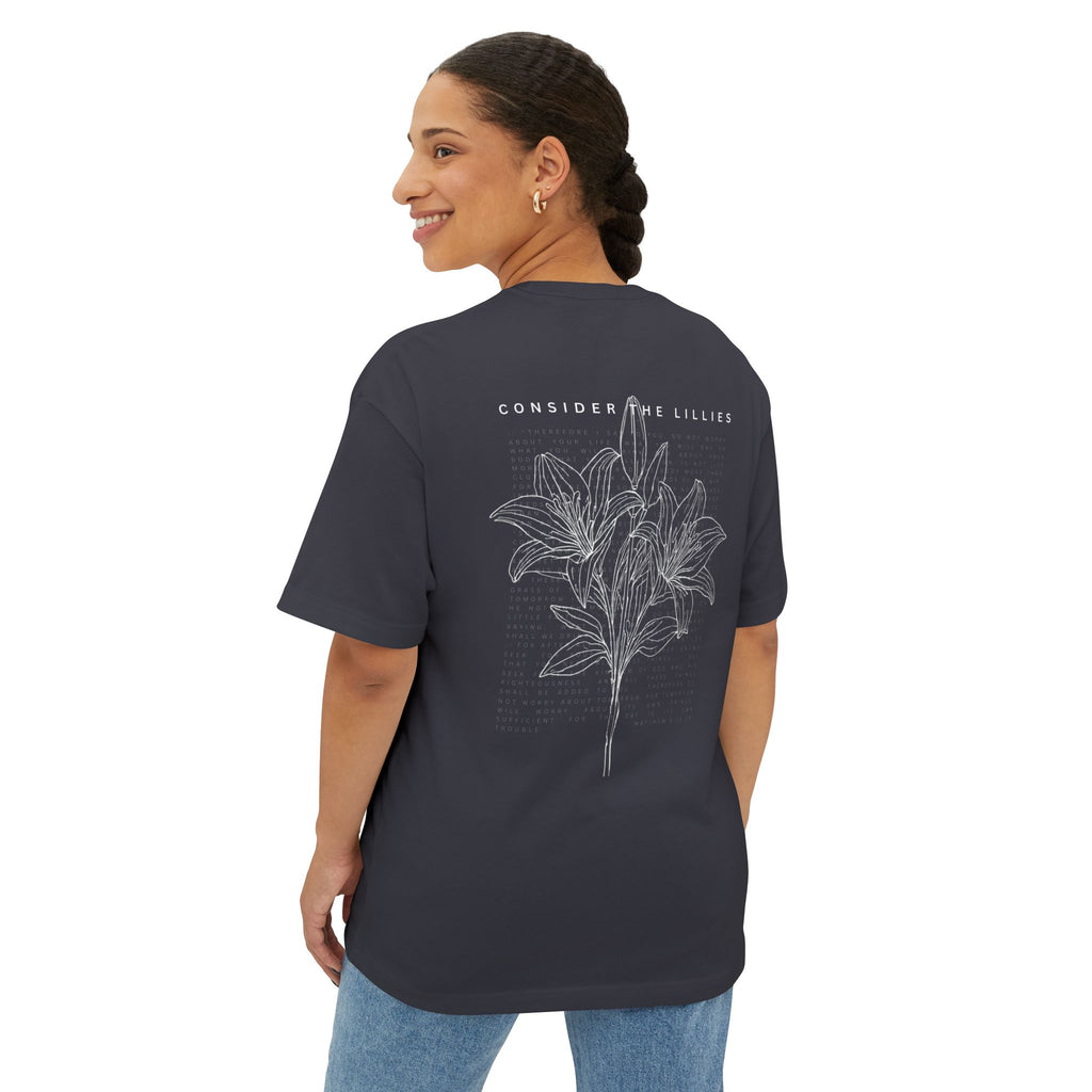 Consider the Lilies Floral Tee — Oversized Boxy Black T-Shirt