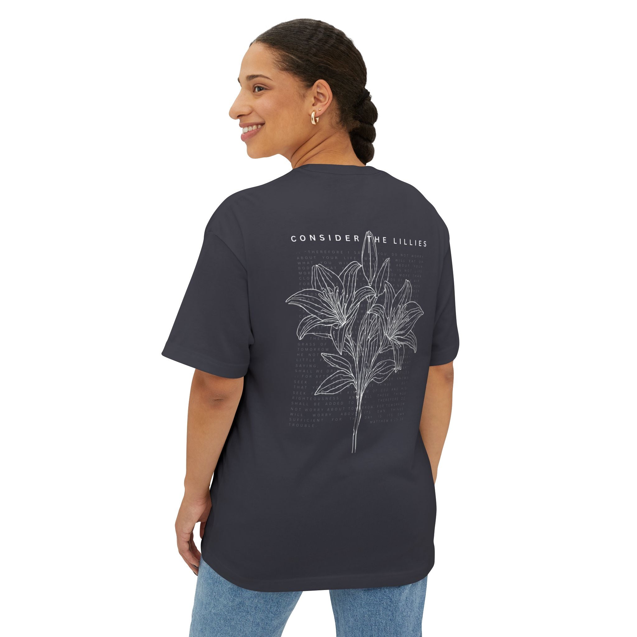 Consider the Lilies Floral Tee — Oversized Boxy Black T-Shirt