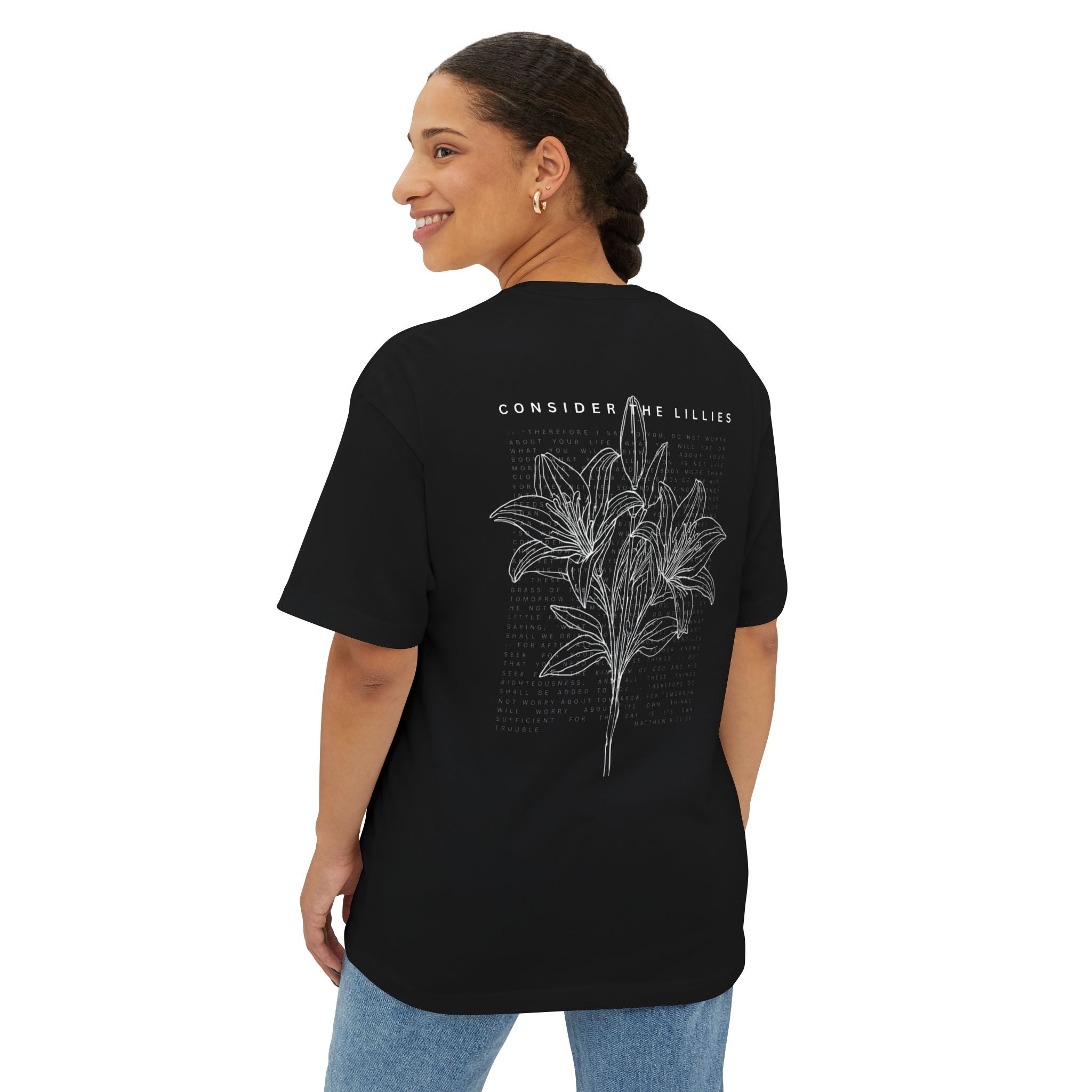 Consider the Lilies Floral Tee — Oversized Boxy Black T-Shirt