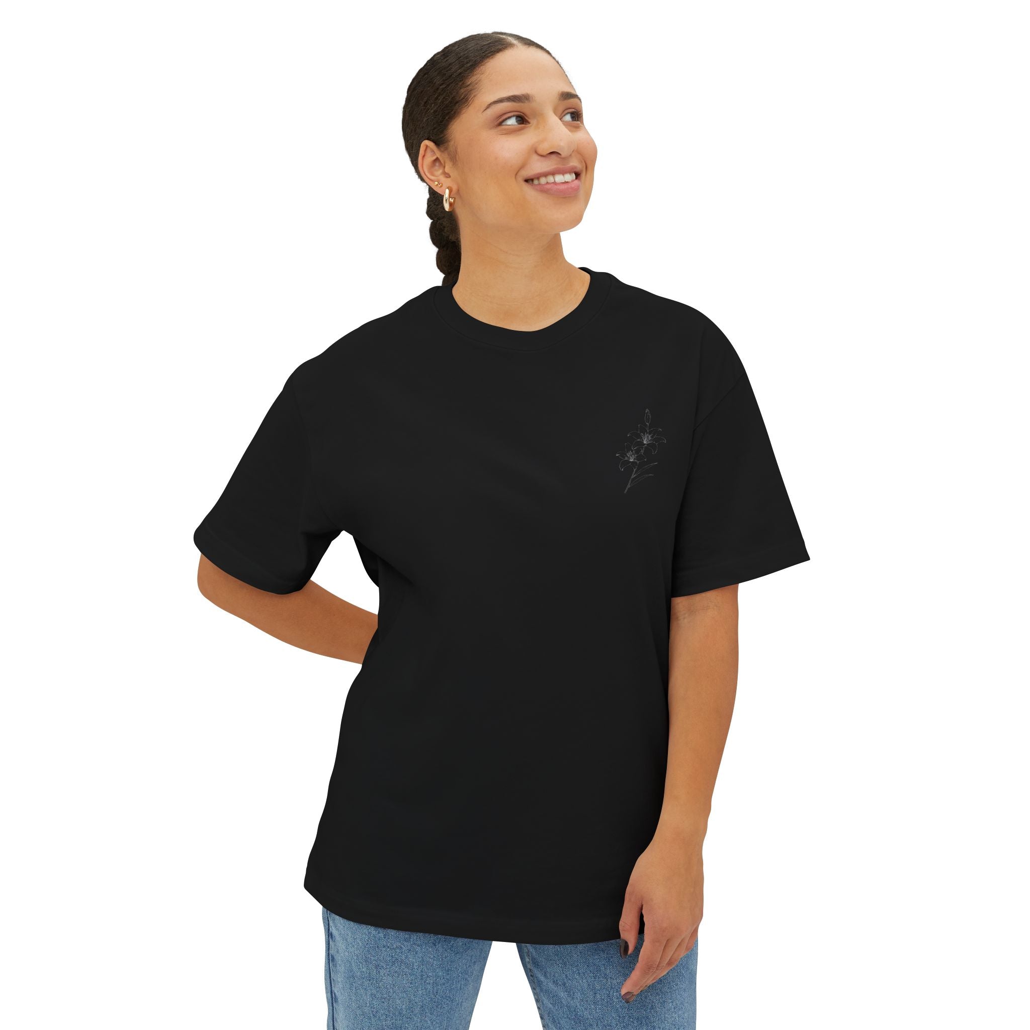Consider the Lilies Floral Tee — Oversized Boxy Black T-Shirt